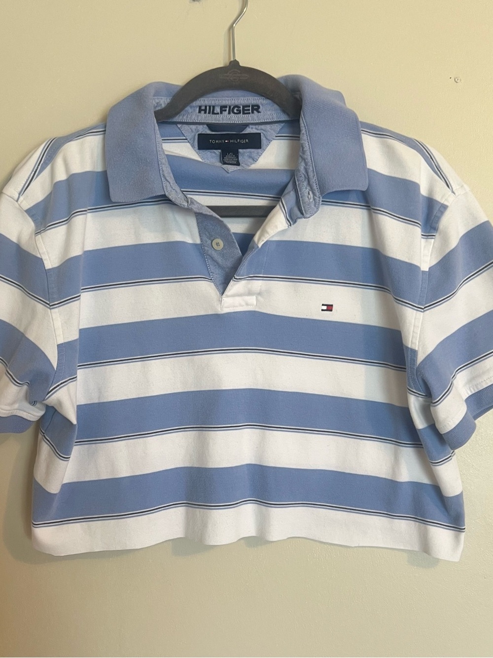 Tommy Hilfiger Light Blue & White Striped Cropped Raw Hem Polo